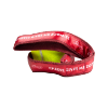 Curved red cheese stick toy showing flexible material with white text graphics and visible “cheese stick” labeling