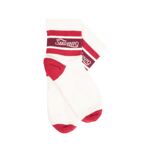 White ankle socks with red heel and toe accents featuring Sargento logo detail near the cuff