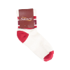 White and red Sargento socks displayed at an angle showing full design with logo and contrast heel and toe