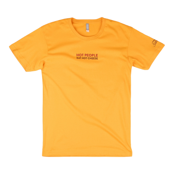 Light-colored t-shirt featuring “Hot People Eat Hot Cheese” text in bold graphic style