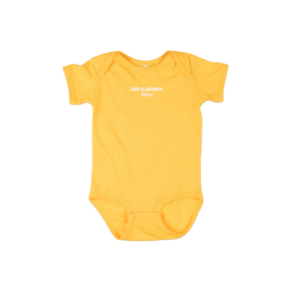 Yellow baby onesie featuring “Life Is Gouda.” text with small Sargento logo underneath on the chest