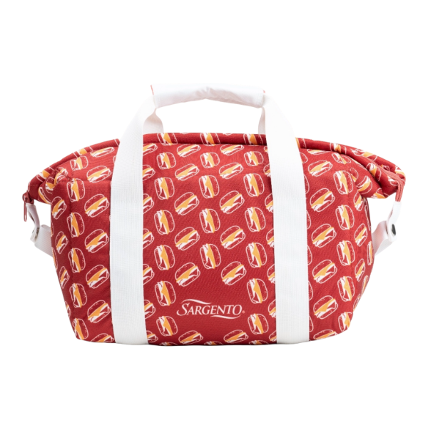 Front view of red duffle-style bag with all-over cheese print pattern, white straps, and structured rectangular shape