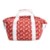 Top-down angled view of red cheese print bag with white straps, highlighting wide opening and spacious interior design