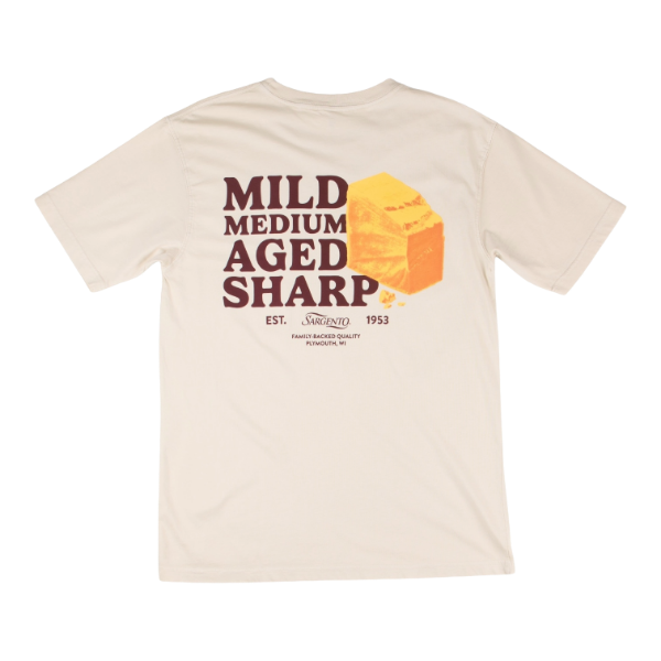 Cream t-shirt featuring “Mild Medium Aged Sharp” text with cheddar cheese graphic and Sargento® branding