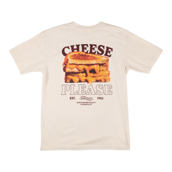 Back of Sargento® Cheese Please Tee with grilled cheese graphic and "Cheese Please" text