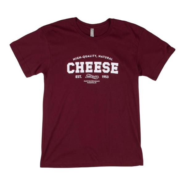 Maroon t-shirt featuring “High-Quality, Natural Cheese” text with Sargento logo, “Est. 1953,” and Plymouth, WI detail in a vintage collegiate style