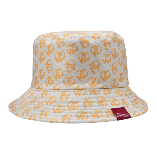 Front view of the "Grilled Cheese Bucket Hat", showing an all-over grilled cheese print and a small red side patch.