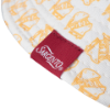 Side detail view of the "Grilled Cheese Bucket Hat", showing a repeating grilled cheese graphic and a red woven tag.