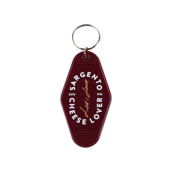 Sargento Cheese Lover motel keychain with Est'd 1953 badge