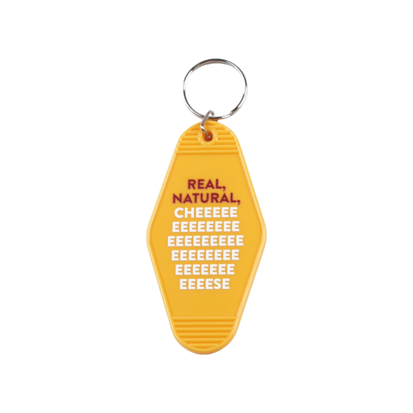 Sargento Real Natural Cheese motel keychain in golden yellow with stretched "cheese" lettering