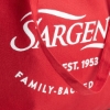 Zoomed in view of red canvas tote bag with large Sargento logo.