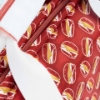Close-up of Sargento Cheeseburger Cooler Bag showing red cheeseburger print and zipper detail