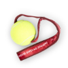 Sargento Cheese Zoomies dog toy with yellow tennis ball and red strap featuring “Cheese Gives Me Zoomies” text