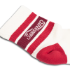 Close-up of white socks with red stripes and Sargento logo woven into the ribbed cuff