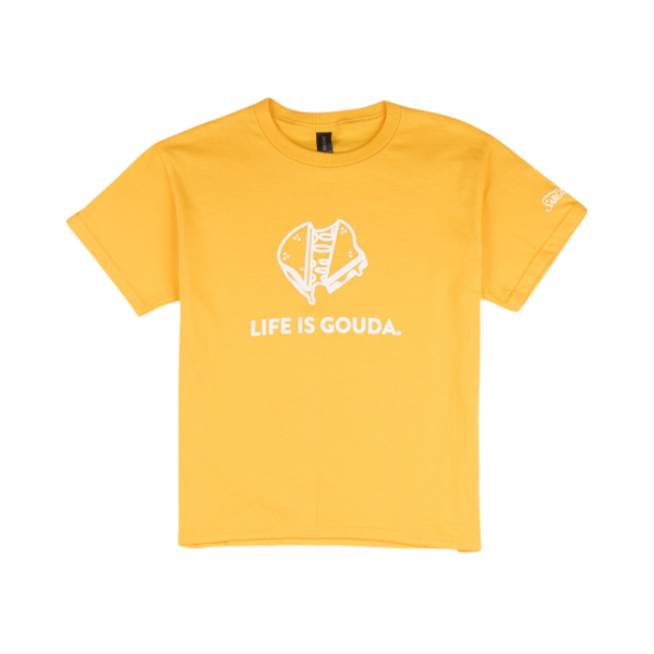 Front view of Sargento Life Is Gouda Youth Tee in gold with grilled cheese graphic and “Life Is Gouda” design