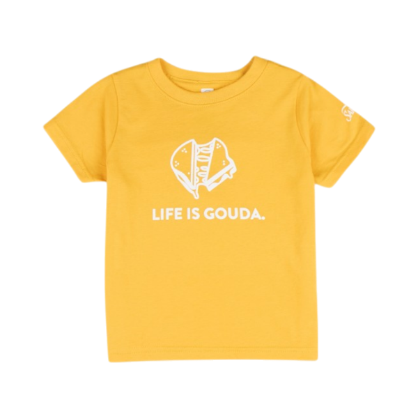 Front view of Sargento Life Is Gouda Toddler Tee in gold with grilled cheese graphic and “Life Is Gouda” design