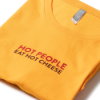 Close-up of Sargento Hot People Eat Hot Cheese Tee showing front graphic on golden yellow shirt