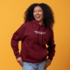 Sargento State of Mind Hoodie worn from the front in burgundy with “Probably Thinking About Cheese” design