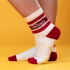 Close-up of Sargento Signature Socks showing striped cuff, Sargento logo, and red heel and toe