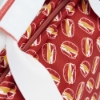 Close-up of Sargento Cheeseburger Cooler Bag showing red cheeseburger print and zipper detail