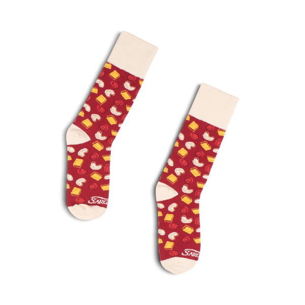 Full-length view of Sargento Balanced Breaks Snacks Socks with cream cuffs and Sargento branding